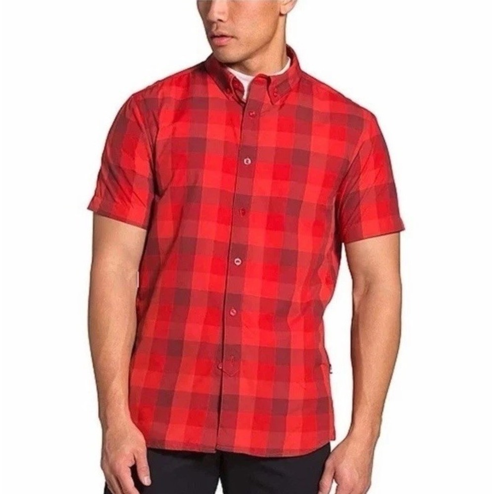 The North Face Mens Plaid Short Sleeve Button Down Monanock Shirt Red XXL